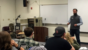 Lucas St.Clair speaks at UMF about developing Katahdin Woods and Water National Monument. (Photo by Jessica McKenna)