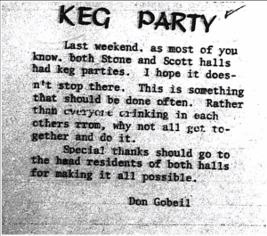 A scan of an article from the 1970s praising keg parties that happened in Stone and Scott Halls